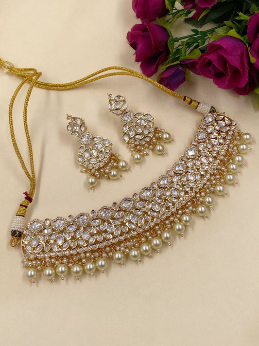 Traditional Handcrafted Faux Kundan & Pearl Studded Bridal Choker Necklace  - I Jewels - 3545004
